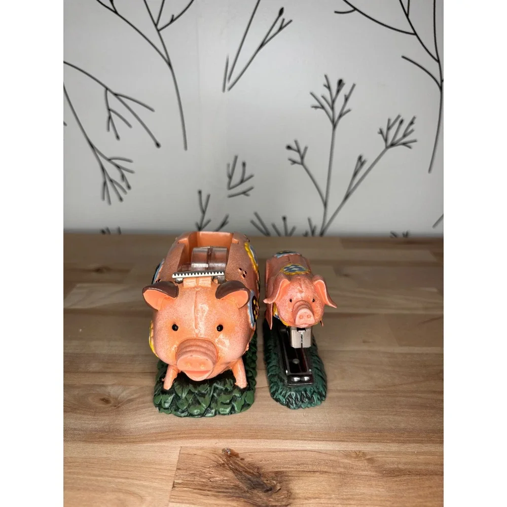 Vintage Style Pig Tape Dispenser and Stapler Set Floral Desk Accessories Pink